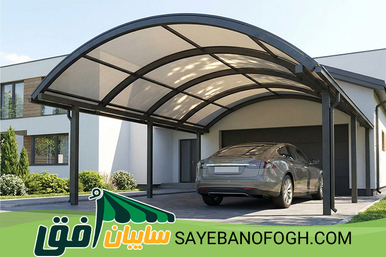سایبان پارکینگ قوسدار با طراحی هلالی و سازه فلزی مقاوم که نصبی آسان دارد و برای محافظت از خودرو در حیاط منازل و اماکن عمومی مناسب است.