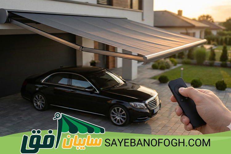 سایبان پارکینگ برقی خودرو با قابلیت جمعشوندگی و کنترل با ریموت، مناسب برای حیاط منازل و ویلاها در مدلهای تاشو و بازویی.