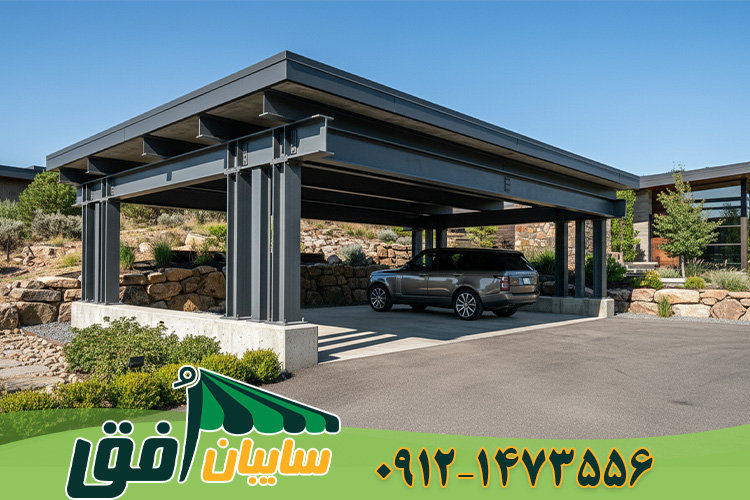 یک سازه سایبان پارکینگ مدرن و بسیار مستحکم با اسکلت فلزی صنعتی سنگین که در غروب آفتاب، امنیت کامل یک خودروی شاسیبلند را تامین کرده است.