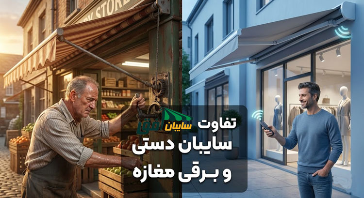 تصویر دوپاره مقایسهای: سمت چپ، مغازهدار مسن با زحمت در حال چرخاندن هندل سایبان دستی در یک مغازه قدیمی؛ سمت راست، مرد جوان با آسودگی در حال استفاده از ریموت کنترل برای سایبان برقی مدرن. متن روی تصویر: "تفاوت سایبان دستی و برقی مغازه".
